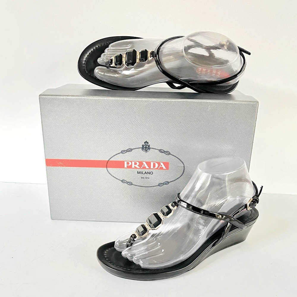 Prada Black Beaded Patent Leather Sandals Wedge 3… - image 3
